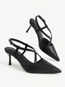 CUCCOO CHICEST Women's Shoes New Pointed Cross Strap Rear Strap Women's High Heel Shoes Thin Heel Black PU Versatile Commuter Shoes Temperament Dating Party - Black - View 1
