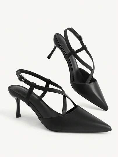 CUCCOO CHICEST Women's Shoes New Pointed Cross Strap Rear Strap Women's High Heel Shoes Thin Heel Black PU Versatile Commuter Shoes Temperament Dating Party