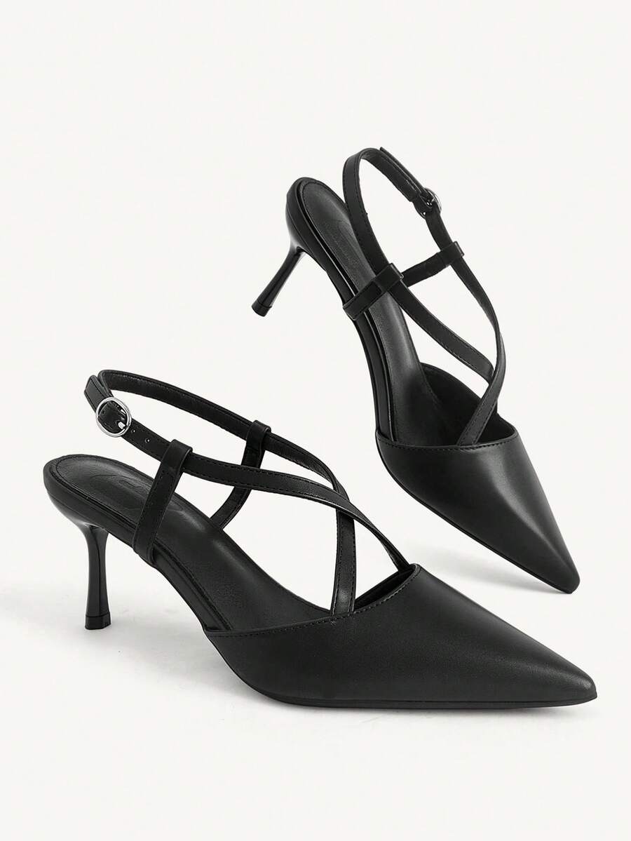 CUCCOO CHICEST Women's Shoes New Pointed Cross Strap Rear Strap Women's High Heel Shoes Thin Heel Black PU Versatile Commuter Shoes Temperament Dating Party - Black - View 1