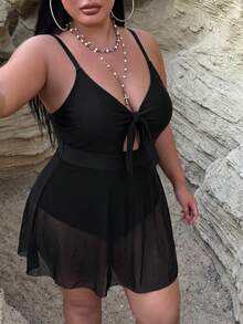 SHEIN Swim Curve 大尺碼女款純色抓皺細肩帶連身泳衣，適合海灘度假、泳池派對、海灘派對 - 黑色 - 查看 7