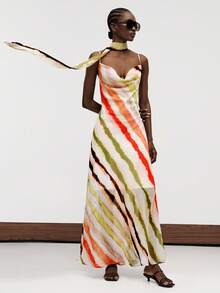 Aveloria Modichic New Vacation Style Off-White Striped Chiffon Fabric Long Spaghetti Strap Sexy Aesthetic Low Rise Dress Cowl Neck Slim Fit Summer Elegant Dinner Party - Multicolor - View 5