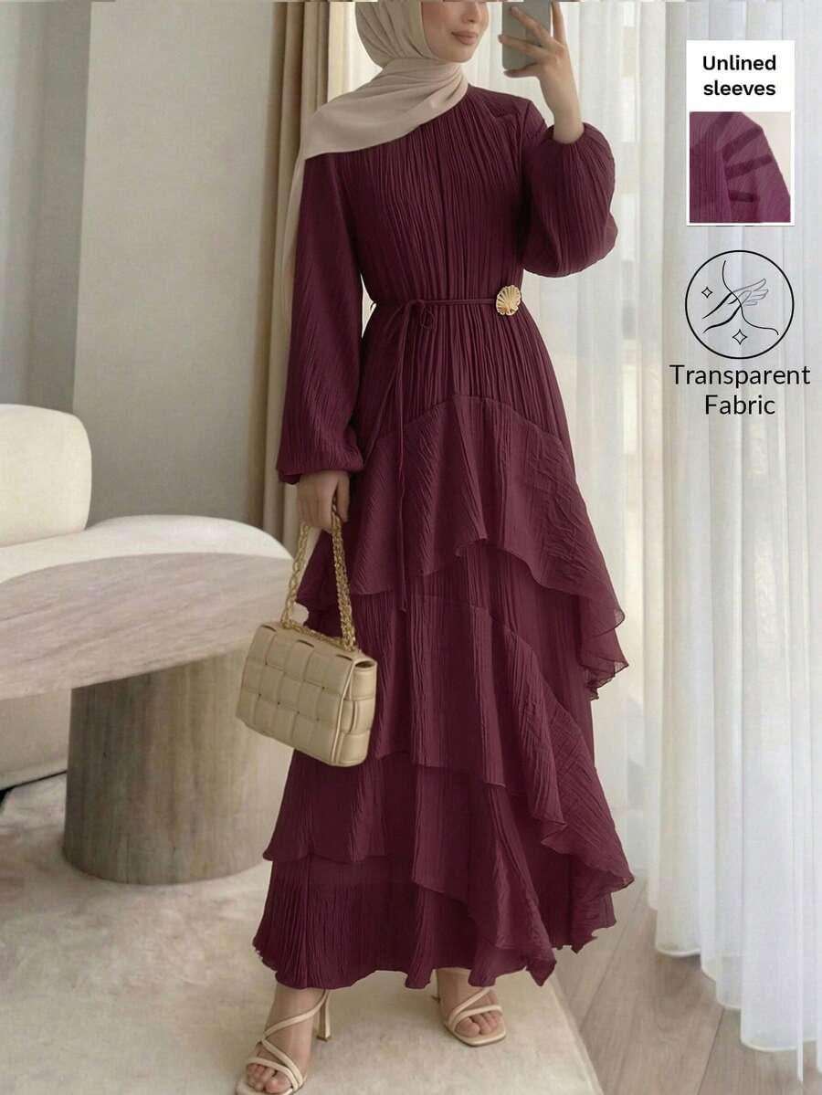 Solavon New Ruched Multi-Layer Flounce Cinched Waist Flowy Beach Dress, Flattering And Suitable For Vacation And Beach Unlined Sleeves