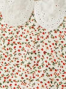 SHEIN Vintaside Kids 女童甜美可愛刺繡大領無袖花卉背心搭配純色長褲套裝，紋理直條紋布料，適合派對、家庭活動、日常度假穿搭、開學季 - 棕色 - 查看 3