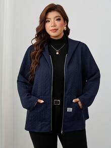 Reflora 大尺碼女款字母印花牛仔長袖拉鍊休閒連帽外套 - 藏蓝色 - 查看 4