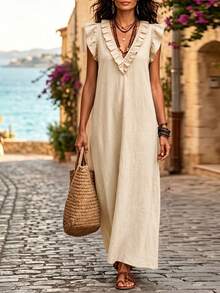 SHEIN LUNE Women's Solid Color Ruffle Hem Premium Texture Linen Casual Boho Dress Vacation White Summer - Apricot - View 5