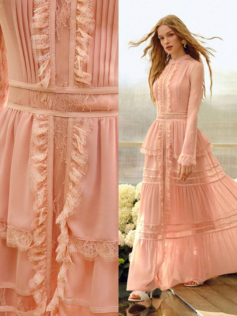 MOTF PREMIUM WOMEN'S ROMANTIC DATE GRADUATION VACATION LACE PATCHWORK DRESS BLUSH PINK SUMMER