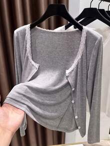 INAWLY Women's Casual Lace Trim Lightweight Jacket House Everyday Grey Autumn - Grey - View 1