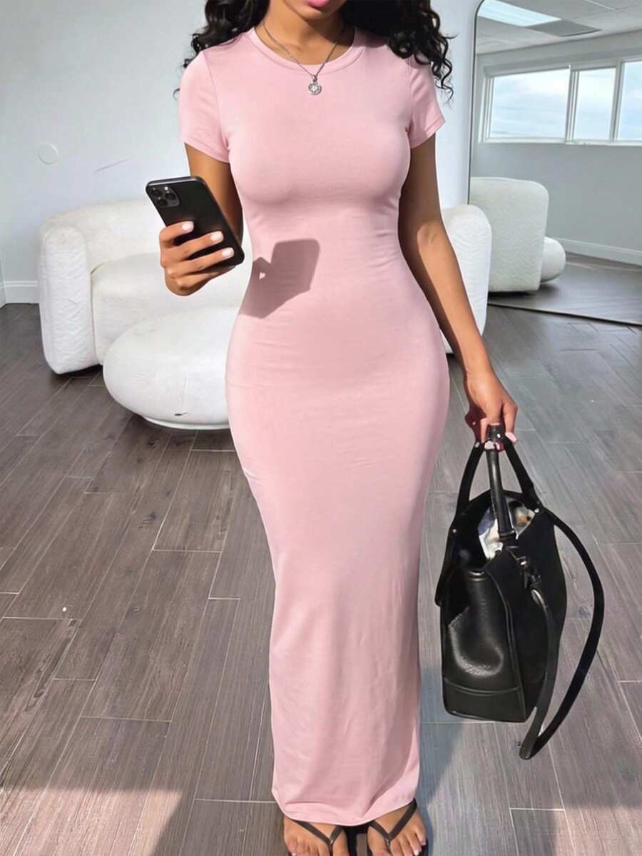 SHEIN 青少年女孩休閒簡約百搭短袖及膝長洋裝