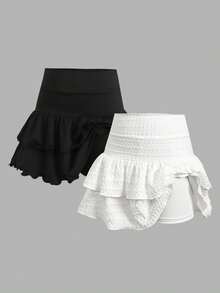 SHEIN Tween女孩 2件套休閒運動學院風返校穿搭，純色紋理迷你裙，內建內搭褲雙層荷葉邊蛋糕裙 - 黑與白 - 查看 4