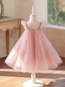 Glamorique Kids 粉紅色女嬰公主洋裝，波浪袖設計搭配3D花朵，柔軟薄紗高級女嬰正式禮服，適合嬰兒生日派對、週歲宴、家庭聚會、婚禮、高端親子活動、日常出遊拍照、夏季洋裝、畢業舞會禮服 - 粉色 - 查看 4