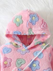 SHEIN Vintaside Kids 嬰兒毛絨套裝，加厚珊瑚絨服裝附包包，可愛花卉連帽套裝，適合秋冬家庭搭配里程碑，粉色可愛端莊 - 粉色 - 查看 8
