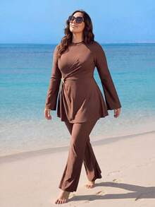 Swim Mulvari Plus Size 2pcs Set Solid Color Knit Fabric Long Sleeve Top With Star Metal Decoration On Waist Side, Long Flare Pants, Flattering And Slimming Middle Eastern Burkini - Brown - View 4