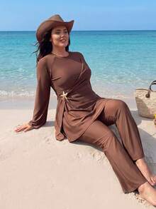 Swim Mulvari Plus Size 2pcs Set Solid Color Knit Fabric Long Sleeve Top With Star Metal Decoration On Waist Side, Long Flare Pants, Flattering And Slimming Middle Eastern Burkini - Brown - View 6