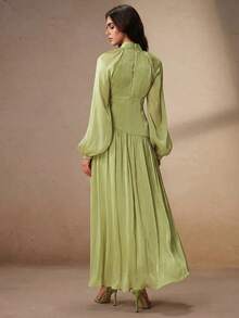 Anewsta Women's Elegant Round Neck Long Sleeve Beaded Chain Ruched Waist Shiny Party Long Dress - Green - View 2