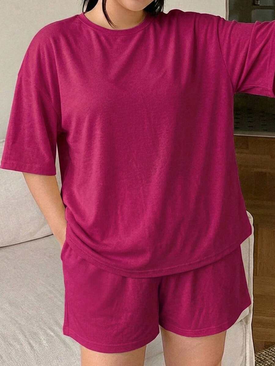 Dazy Plus Solid Color Knit Round Neck Top And Shorts Loungewear Pajama Set - Hot Pink - View 1