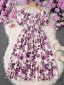 Tween Girls Vacation Back To School Purple Floral Print Square Neck Short Sleeve Shirred Dress - Purple - View 3