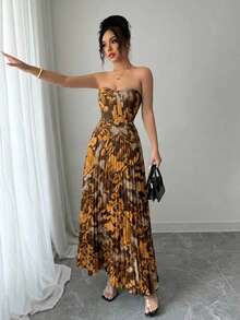 Elenzga Strapless Shirred Waist Pleated All-Over Print Dress - Yellow - View 4