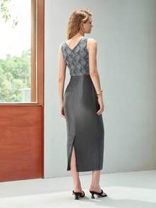 MOTF PREMIUM METAL DECOR SPLIT PATCHWORK DRESS - Grey - View 3