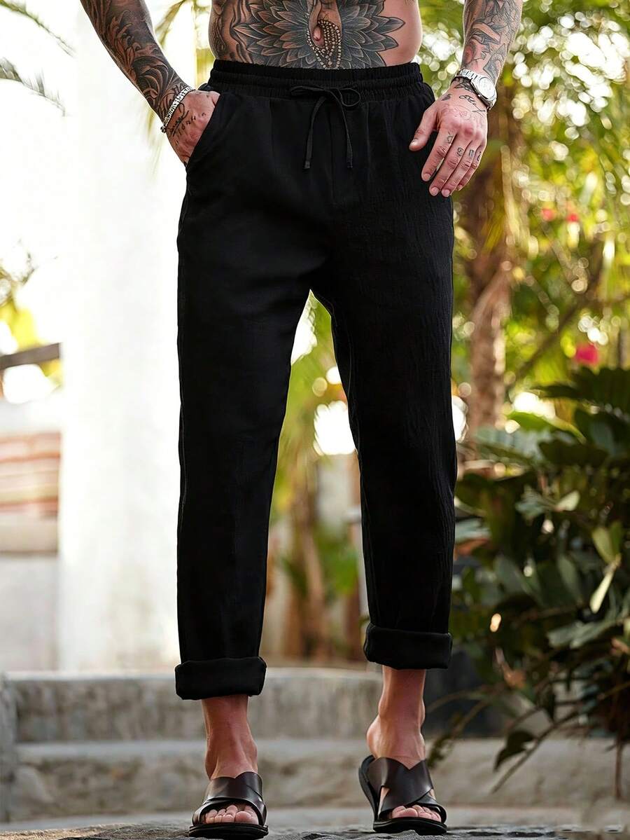 Genlund Pantalones casuales versátiles de unicolor para hombre - Negro - Ver 1