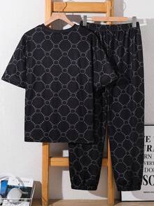 SHEIN 青少年男孩字母印花圓領短袖T恤與長褲休閒套裝 - 彩色 - 查看 2