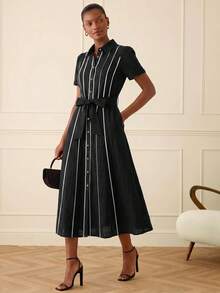 Lilora Elegant Women Black Button Down Dress With Belted Waist - Black and White - View 5