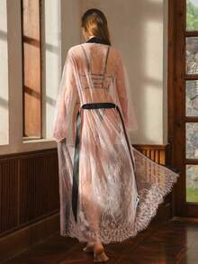 Bisouelle Sexy Elegant Lace-Up Robe, Lace Patchwork Outerwear Dress, Mesh Patchwork Elegant Pajamas Loungewear, Valentine's Day - Multicolor - View 2