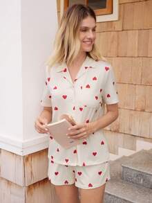 Doze Lane Casual Heart Print Open Front Lapel Pocket Short Sleeve Shorts Women's Pajama Set - Beige - View 6