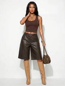 Normani شورت نسائي من جلد البولي يوريثان مع جيوب، كاجوال متعدد الاستخدامات للسفر اليومي - بني - مشاهدة 5