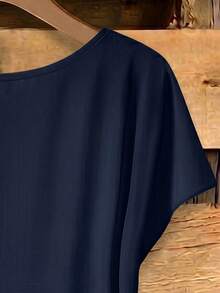 EMERY ROSE Plus Size Women Solid Color Side Knot Shirt And Pants Casual 2 Pieces Set - Navy Blue - View 4