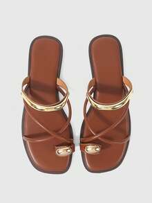 Sleekvia Ladies Comfortable Flat Wear-Resistant Versatile  Metal Outdoor Flip-Flops Slippers Summer - Brown 01 - View 2
