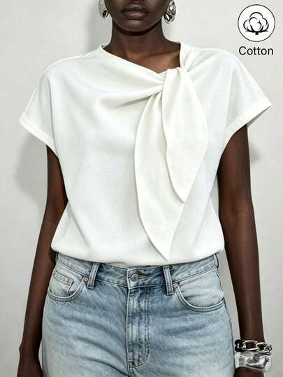 Lumivelle Áo thun nữ cotton nguyên chất cổ tròn thắt nơ trước, màu trắng, phong cách thường ngày thanh lịch độc đáo, phù hợp đi làm, đi chơi, du lịch và hoạt động ngoài trời mùa hè