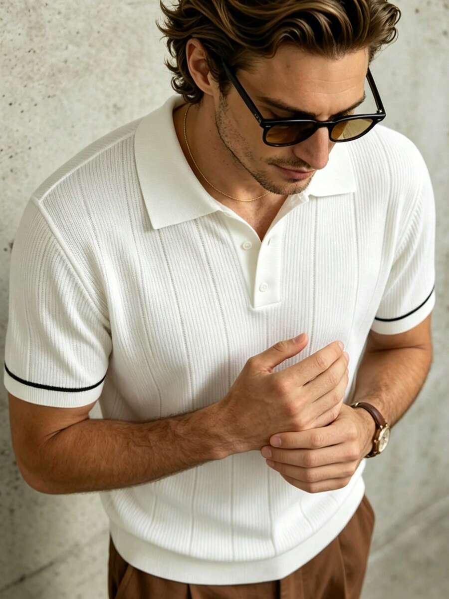 Manfinity Dauomo Men's Fashion Button Half-Placket Short Sleeve Knit Top - White - View 1