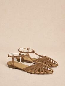 Rosivie Sandalias planas de mujer Camel con tejido T, punta esmerilada, estilo bohemio, para vacaciones y uso diario - Caqui - Ver 6