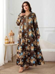 Al Najma 大尺碼女款V領花卉印花休閒派對阿拉伯風洋裝 - 咖啡棕 - 查看 6