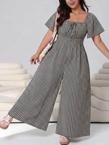 Solflare Jumpsuit Wanita Ukuran Besar Warna Cokelat dengan Satu Bahu, Bagian Dada Berkerut, Potongan Longgar, dan Pinggang Elastis - Coklat - View 3