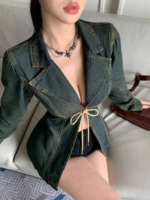 DAZY Women's Casual Sexy Lace-Up Denim Jacket, Spring/Autumn Y2K Going Out Night Out Dark Wash - Blue - View 2