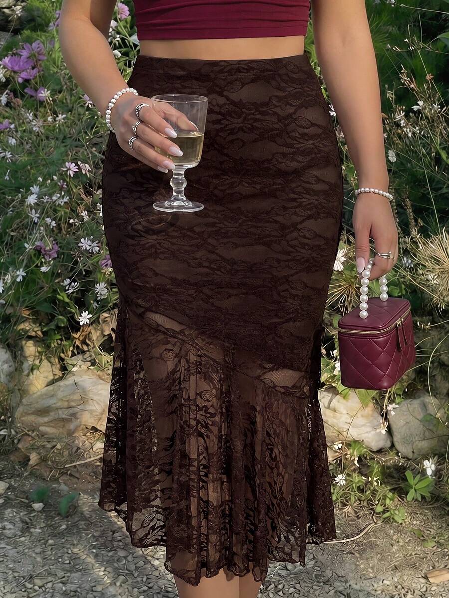 SHEIN MOD 女士蕾丝拼接荷叶边下摆时尚百搭约会半身裙,优雅适合派对、夜店等场合 - 棕色 - 查看 1