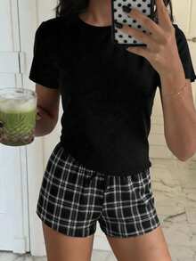青少年女孩休閒寬鬆極簡風圓領短袖短褲家居服，適合春夏穿著 - 彩色 - 查看 2