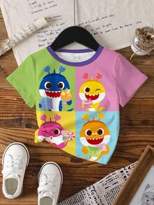 BABY SHARK X SHEIN Young Girl Cartoon Print Round Neck Short Sleeve Casual Versatile T-Shirt - White - View 3