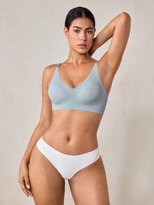 Veilyse 1 pièce Soutien-gorge sans fil amovible rembourré de couleur unie, soutien-gorge de sport sans couture délicat et respirant pour femmes - Bleu ciel - Voir 2