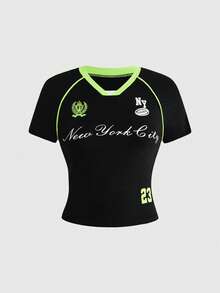 ACID BLVD 春夏 Y2K 辣妹風運動風世界盃數位印花拼色修身球衣 T-shirt - 黑色 - 查看 2