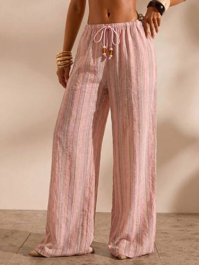 Opulessa Women's Vacation Fashion Striped Drawstring Waist Loose Cover-Up Pants