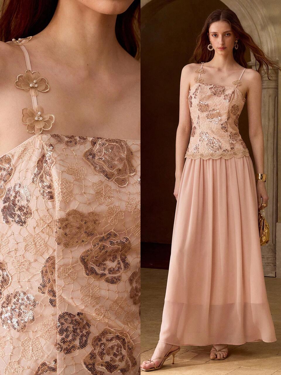 MOTF CONTRAST SEQUIN APPLIQUES CAMI DRESS WEDDING HOLIDAY PARTY DINNER DATE BLUSH PINK SUMMER ROMANTIC CASUAL ELEGANT
