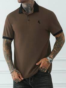 Manfinity Homme 男士刺繡對比羅紋領短袖 Polo 衫，成熟休閒風，適合送給丈夫/男友，假期、約會禮物 - 卡其色 - 查看 4