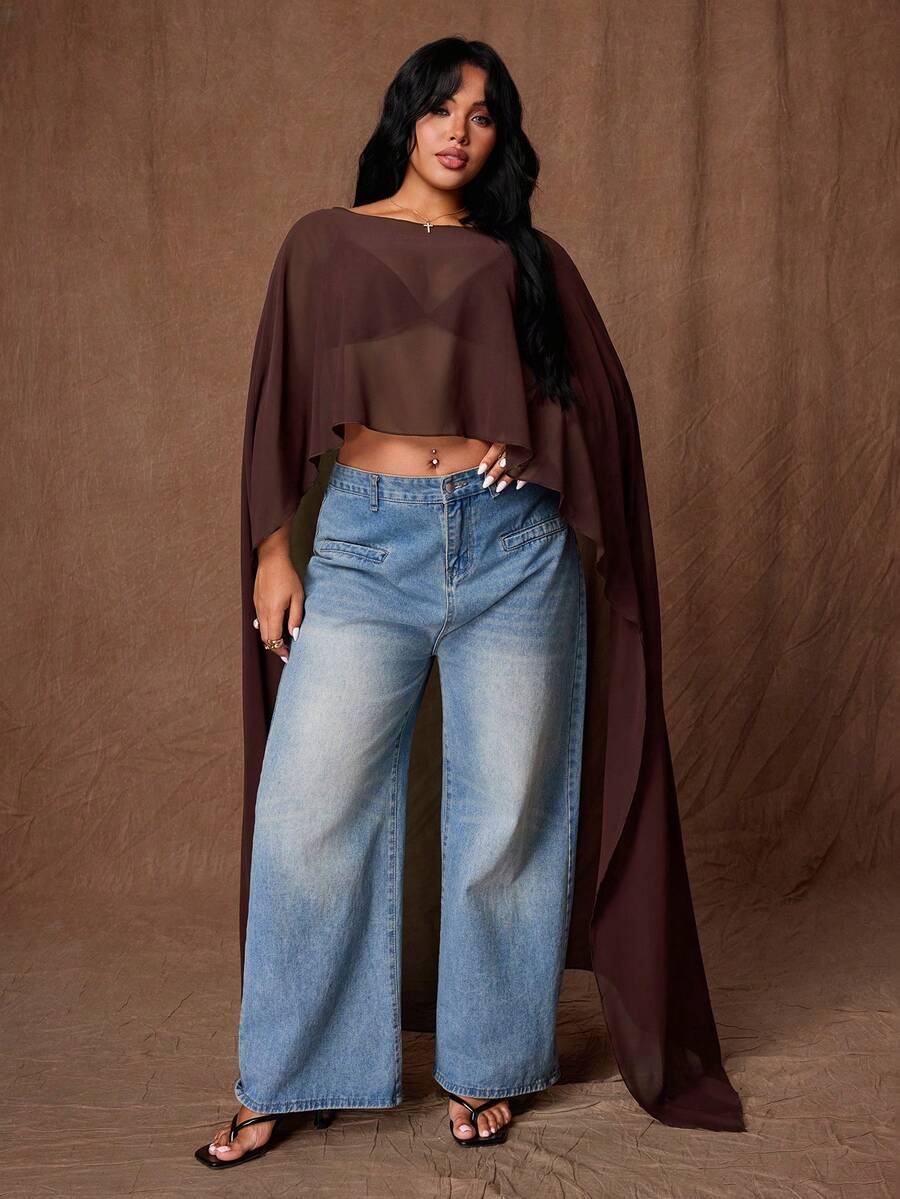 Rustia Women's Asymmetrical Cape Shawl Sun Protection Cover Up, Loose Lazy Thin Chiffon Cover-Up Top - Brown - View 1