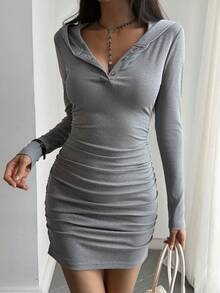 DAZY Solid Color Fitted Ruched Long Sleeve Hooded Casual Sport Vacation Summer Women's Short Dress School - Grey - View 5