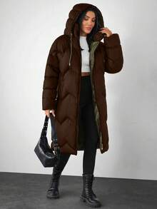 EURMUSE Hooded Puffer Jacket, Zip Front, Drawstring, Quilted, Side Pockets, Lightweight & Warm - Brown - View 5