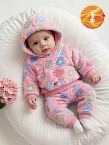 SHEIN Vintaside Kids 嬰兒毛絨套裝，加厚珊瑚絨服裝附包包，可愛花卉連帽套裝，適合秋冬家庭搭配里程碑，粉色可愛端莊 - 粉色 - 查看 5