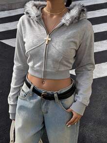 DAZY Women's Grey Hooded Zip-Up Long Sleeve Cropped Fitted Sweatshirt Jacket With Pom Pom Decor - Grey - View 7