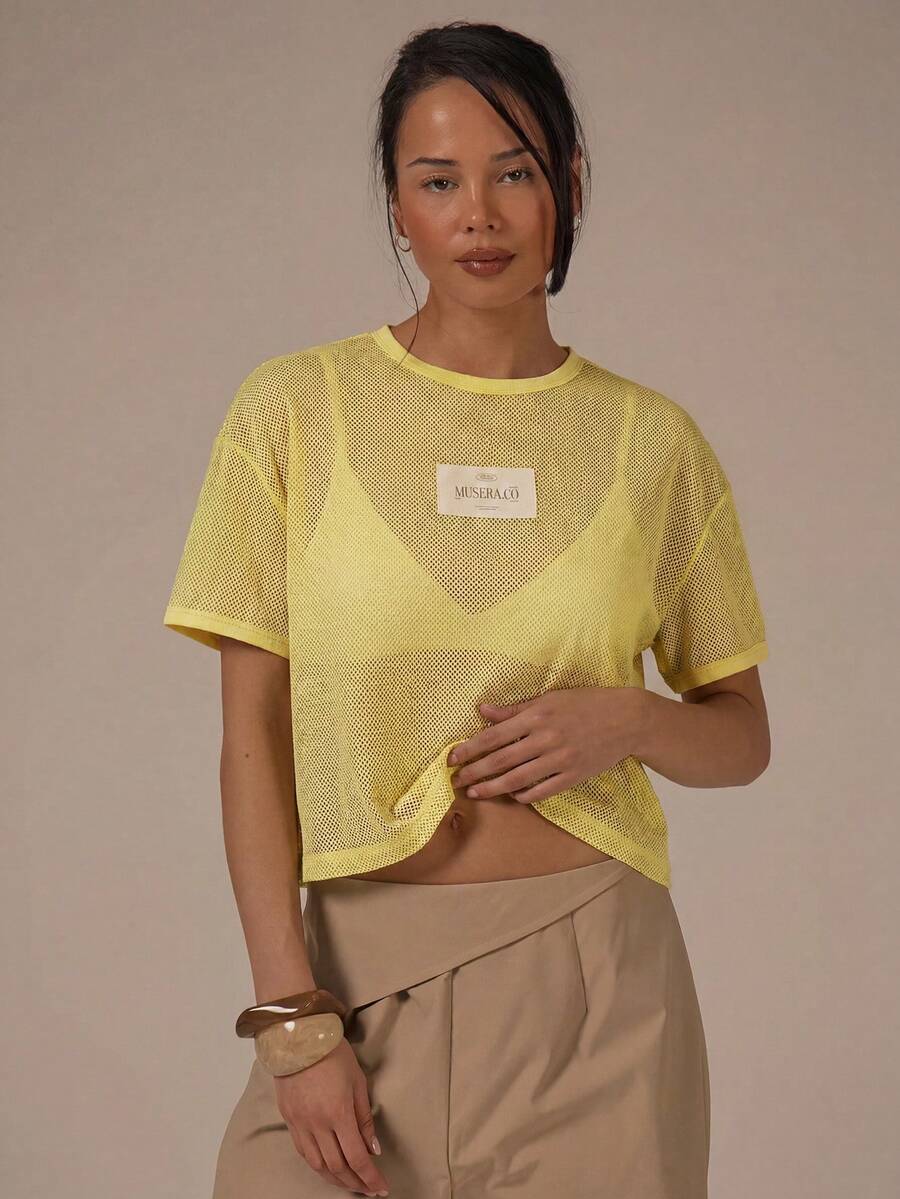 MUSERA 網眼大貼布短版T恤 春夏可愛舒適鄉村風 春露休閒款 - 鵝黃色 - 查看 1